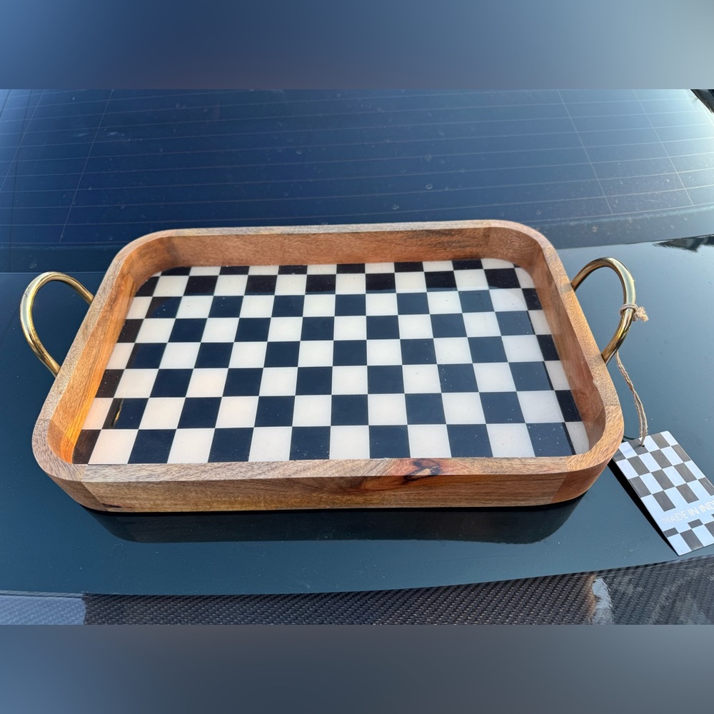 WOOD CHECKERED SERVING TRAY